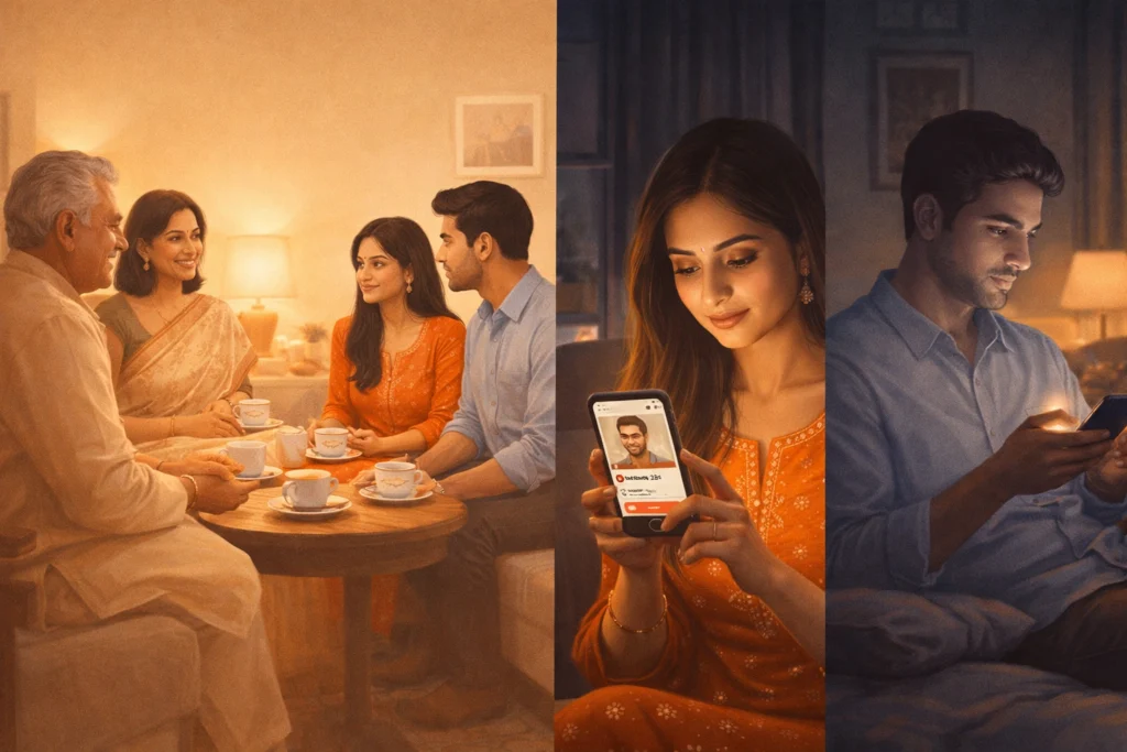 comparison between traditional arranged marriage meeting and modern app-based matchmaking in India