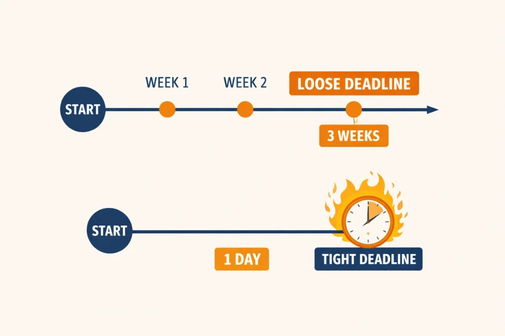 Timeline showing task taking three weeks versus one day depending on deadline pressure