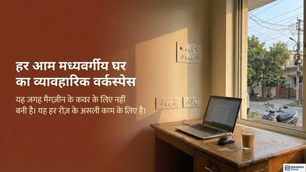 भारतीय मध्यमवर्गीय घर में खिड़की के पास लैपटॉप के साथ साधारण home office