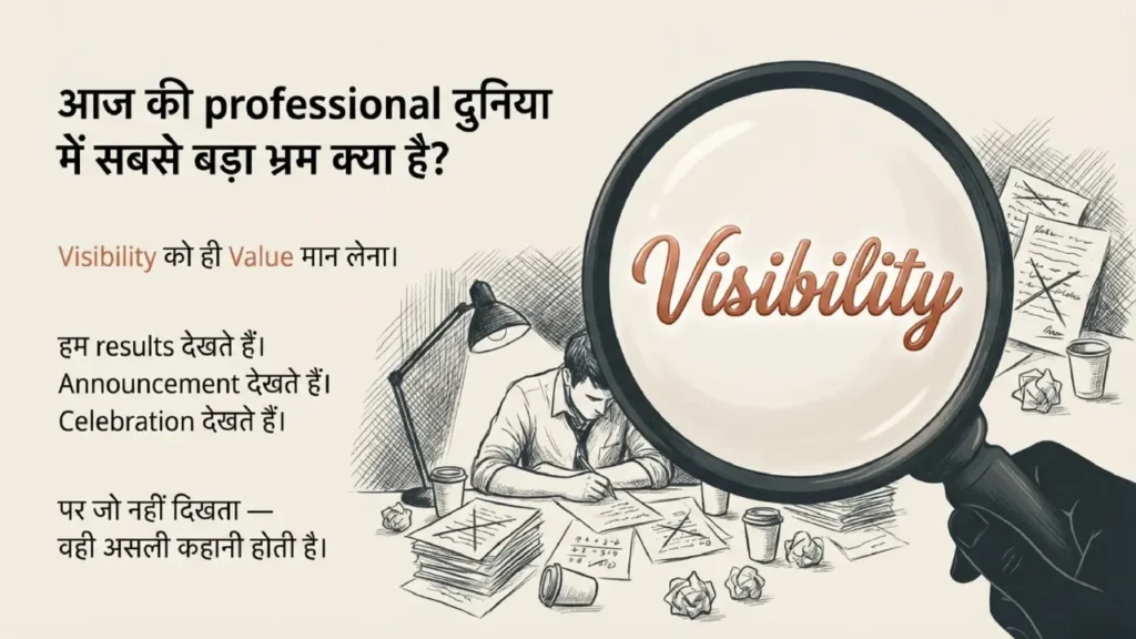 Magnifying glass highlighting visibility to represent the illusion that online visibility equals real professional value.