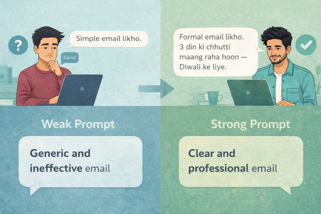 Comparison of weak prompt vs strong prompt showing difference in AI generated results