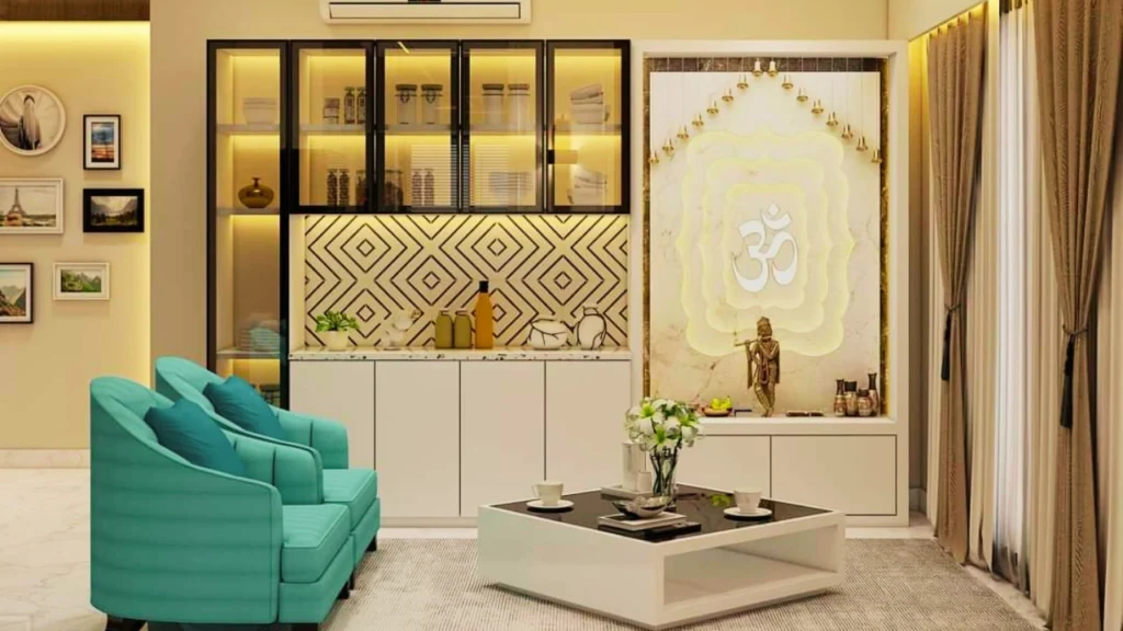 Arsh Interior द्वारा design किया गया Vastu-aligned living room — backlit puja corner के साथ, वाराणसी