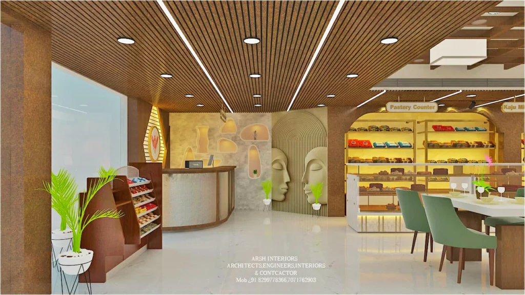 Arsh Interior द्वारा design किया गया commercial restaurant space — Buddha face wall art के साथ, वाराणसी