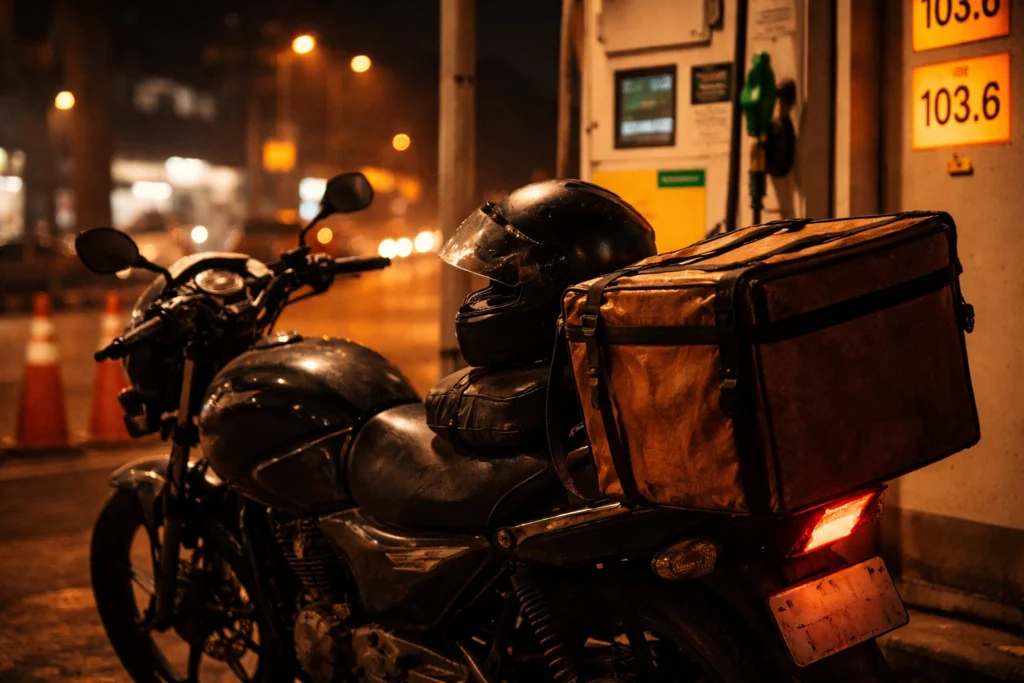 delivery bike petrol pump पर खड़ी — बढ़ते fuel price का असर delivery workers पर