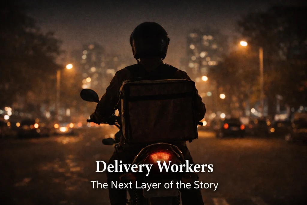 delivery worker रात में शहर की सड़क पर — invisible worker series का अगला हिस्सा