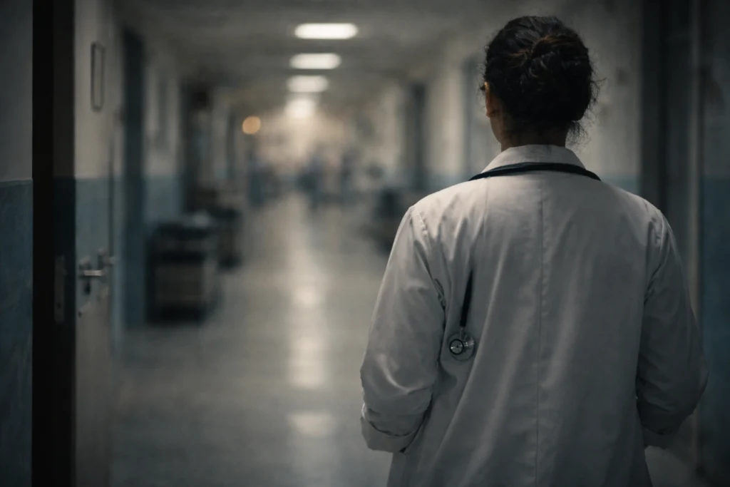 doctor walking away hospital corridor back view emotional ending