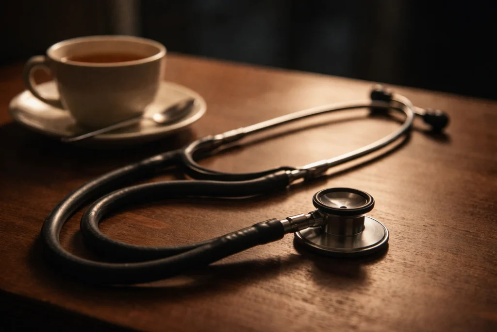 worn stethoscope on table with tea doctor emotional stress