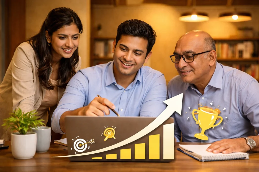 Team collaboration showing learning growth and balanced confidence in workplace