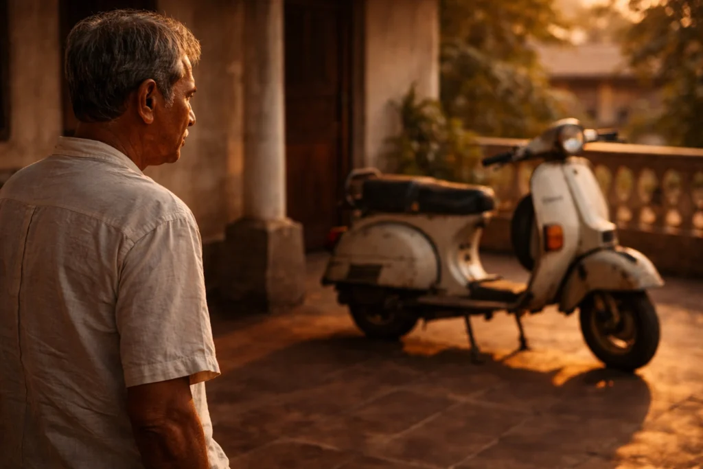 पिता बरामदे में खड़े होकर पुराने स्कूटर को देखते हुए — शांत और भावनात्मक पल