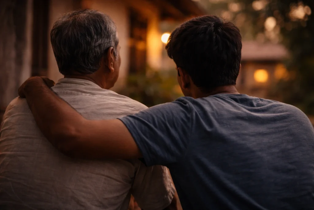 पिता और बेटा साथ बैठे हुए, शांत भावनात्मक पल — बिना शब्दों का रिश्ता