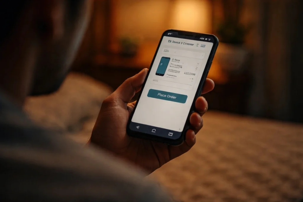हाथ में मोबाइल फोन, स्क्रीन पर shopping cart — सोच में डूबा हुआ पल