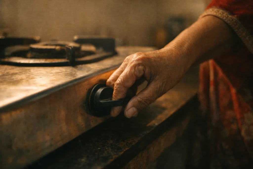 Elderly woman hand turning off gas knob showing careful LPG usage in Indian kitchen