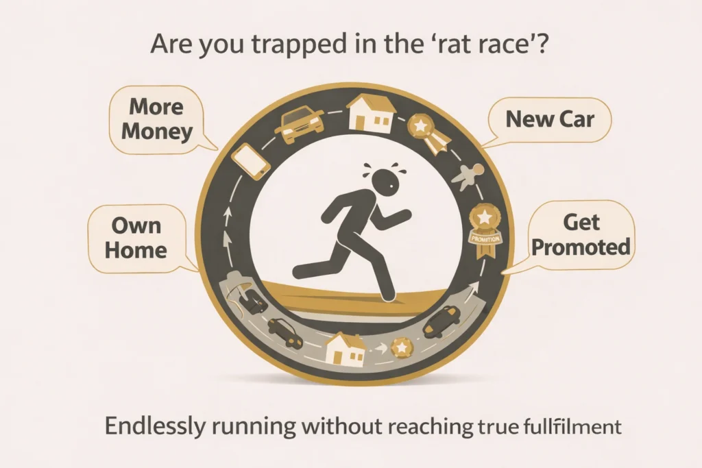 Hedonic treadmill concept showing endless pursuit of money success and material goals