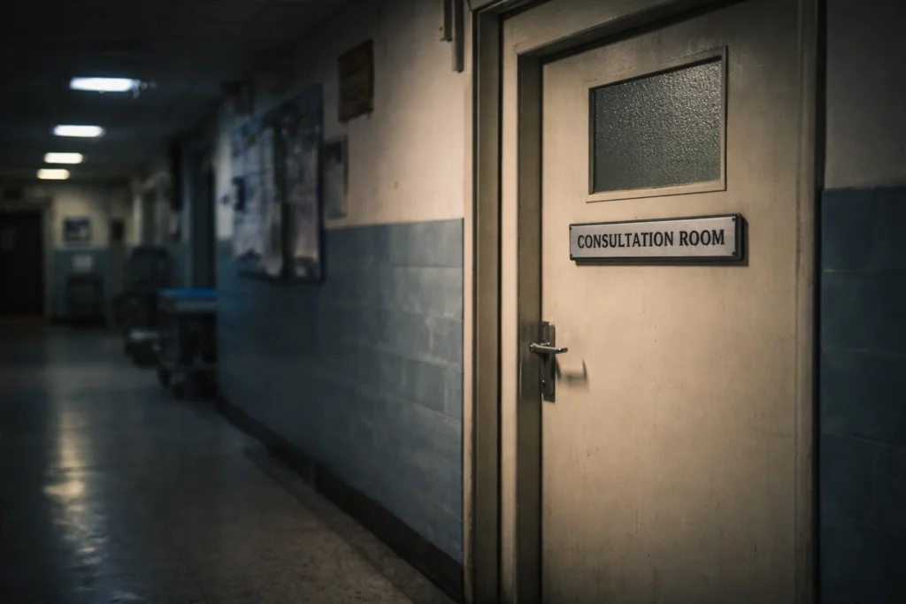 closed consultation room door hospital quiet corridor
