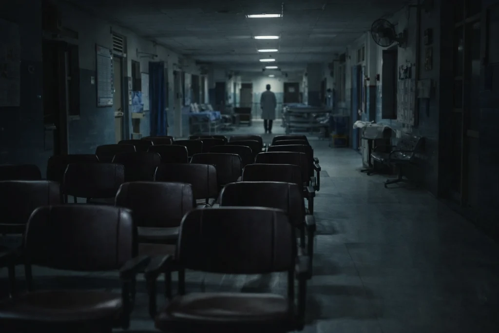 hospital ward night shift India empty chairs doctor silhouette