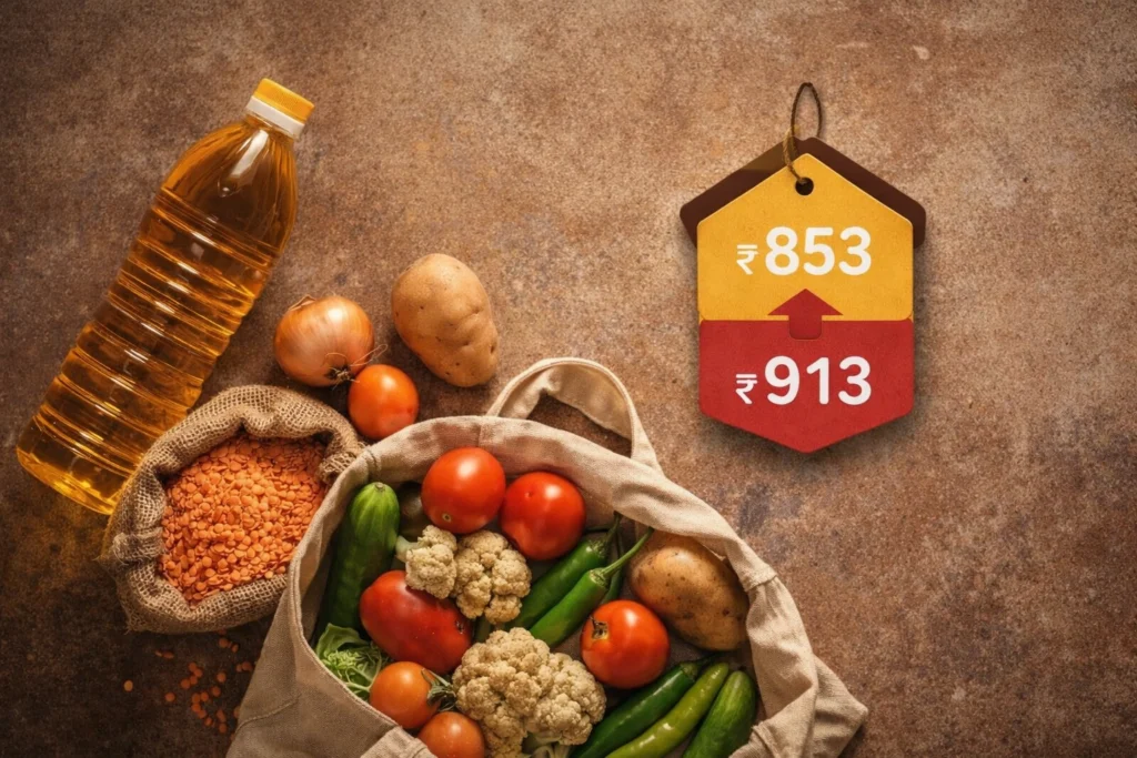 Indian groceries with price increase concept showing rising household expenses due to LPG price hike