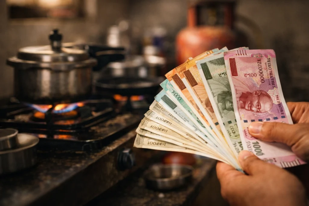Indian rupee notes in hand with kitchen stove in background showing household budget pressure