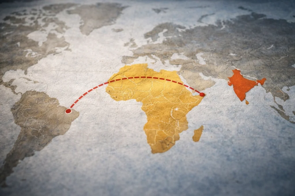 World map showing connection between Middle East and India highlighting energy supply route impact