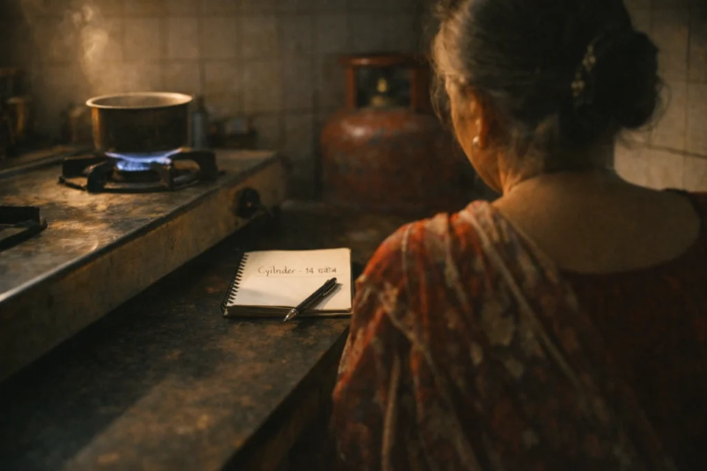 Indian mother in kitchen from behind cooking with LPG cylinder emotional household scene