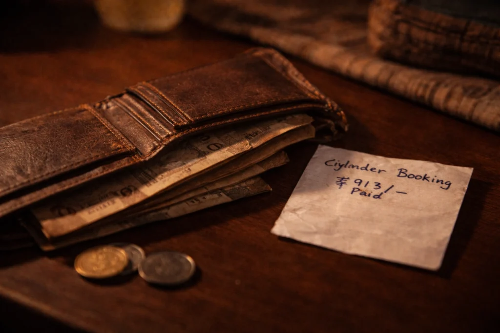खुला हुआ पुराना wallet जिसमें थोड़े पैसे और cylinder booking slip — महंगाई का असर