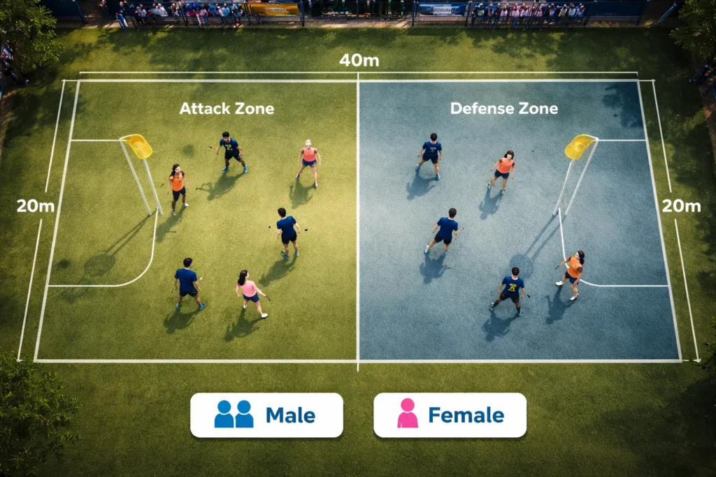 Korfball court layout showing attack and defense zones with player positions
