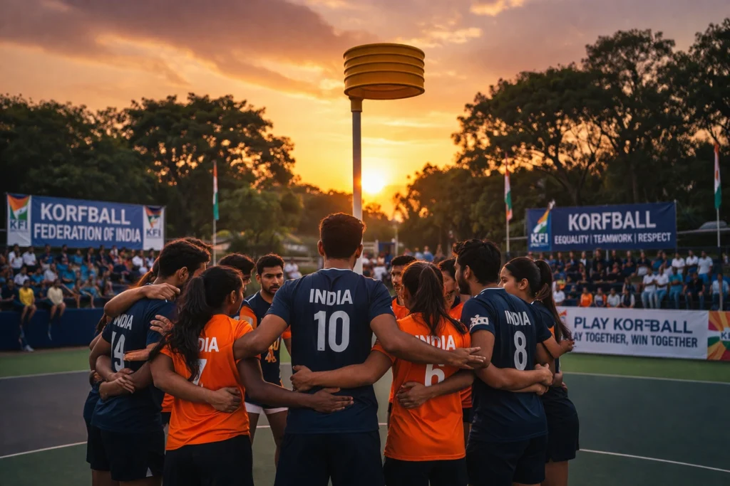 Mixed gender korfball team huddle showing unity and teamwork at sunset