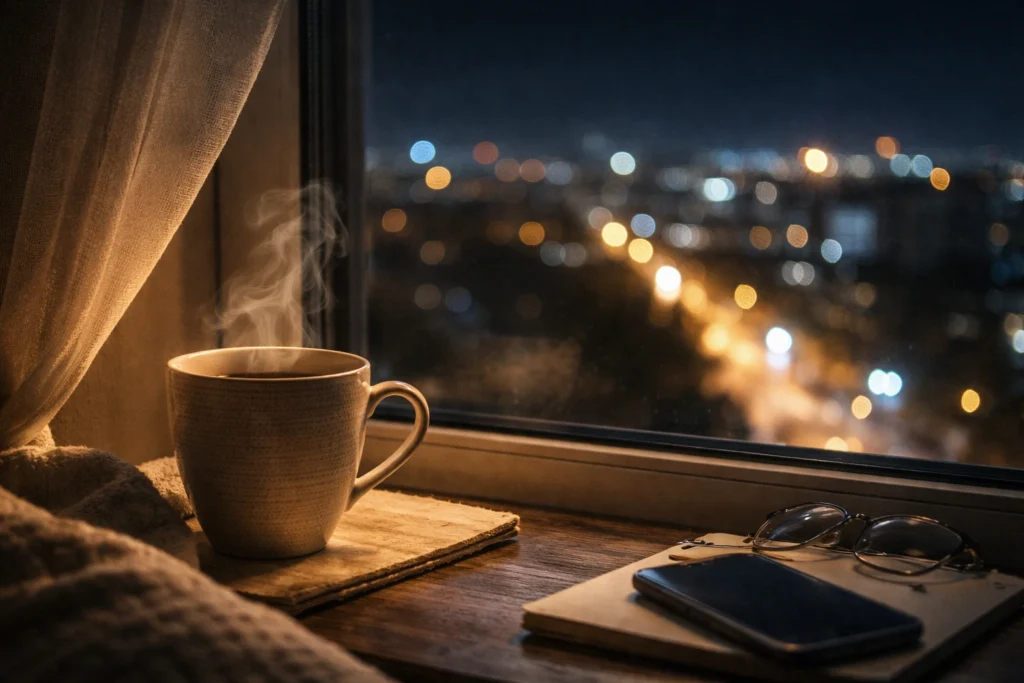 रात में खिड़की के पास रखा चाय का कप और बाहर शहर की रोशनी, emotional connection का दृश्य