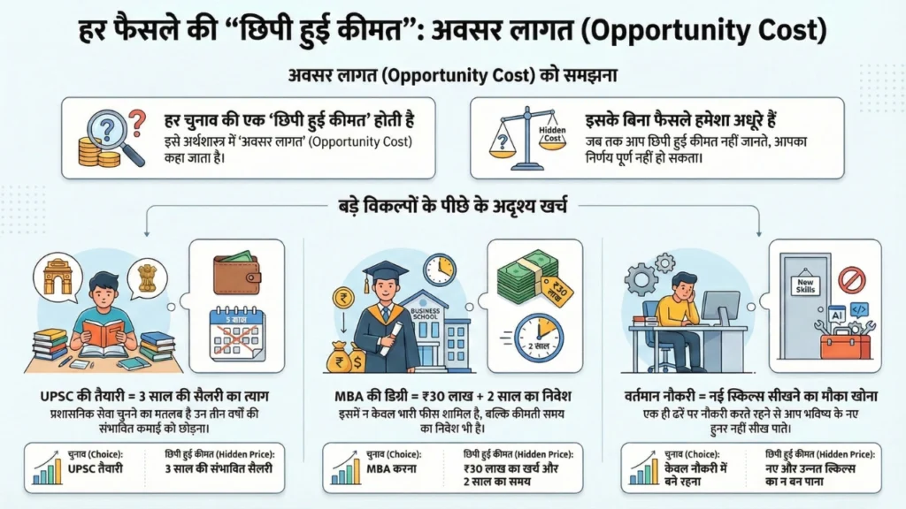 Opportunity cost explained in Hindi with examples like UPSC MBA and job decisions