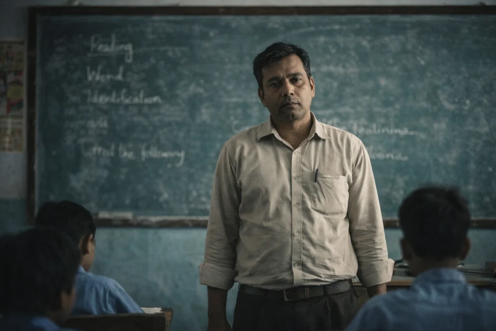 government school teacher classroom India tired but teaching