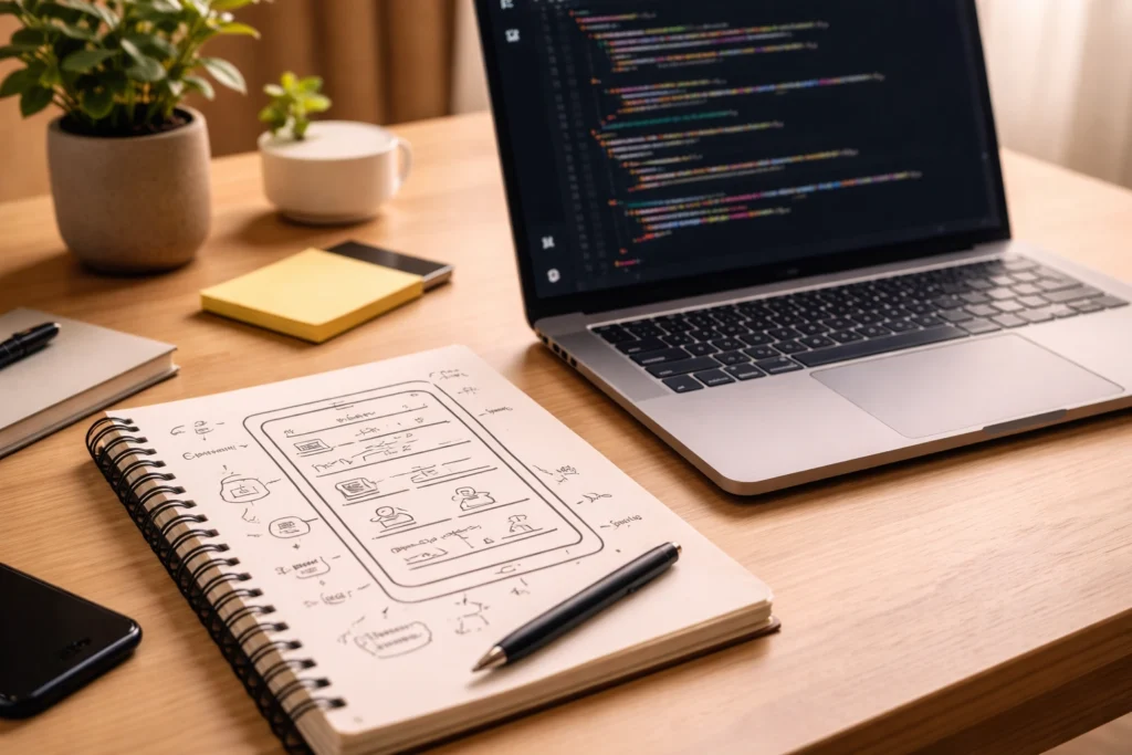 Notebook with app sketch and laptop showing code on desk beginner vibe coding