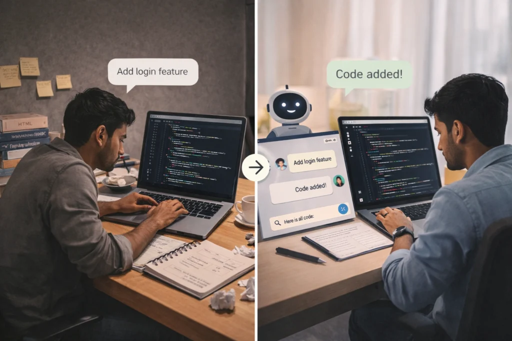 Developer using AI coding assistant compared to traditional manual coding workflow