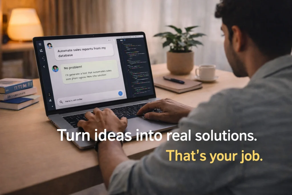 Young Indian creator working with AI on laptop in calm focused workspace