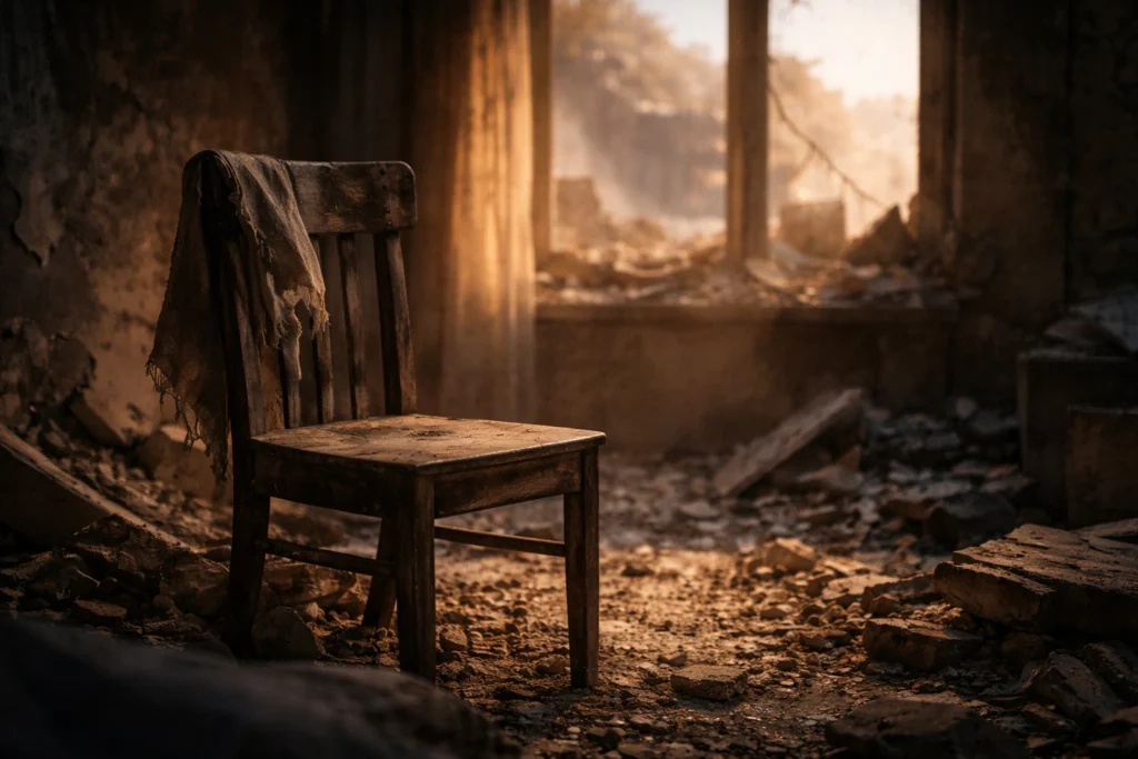 empty chair in damaged home symbolic loss emotional war impact