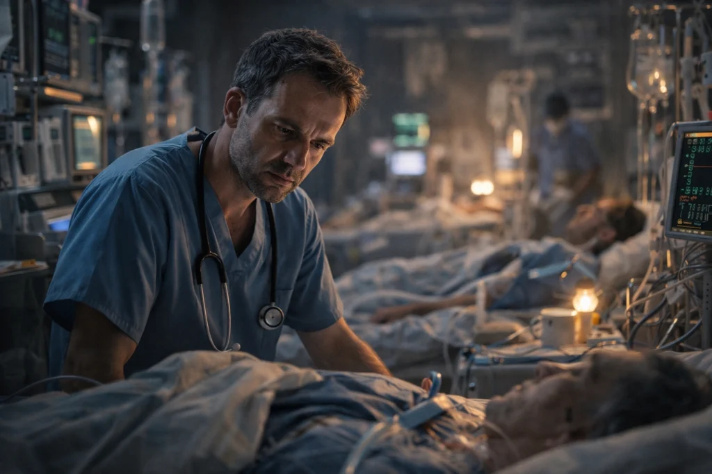 doctor in ICU handling multiple patients tired but focused