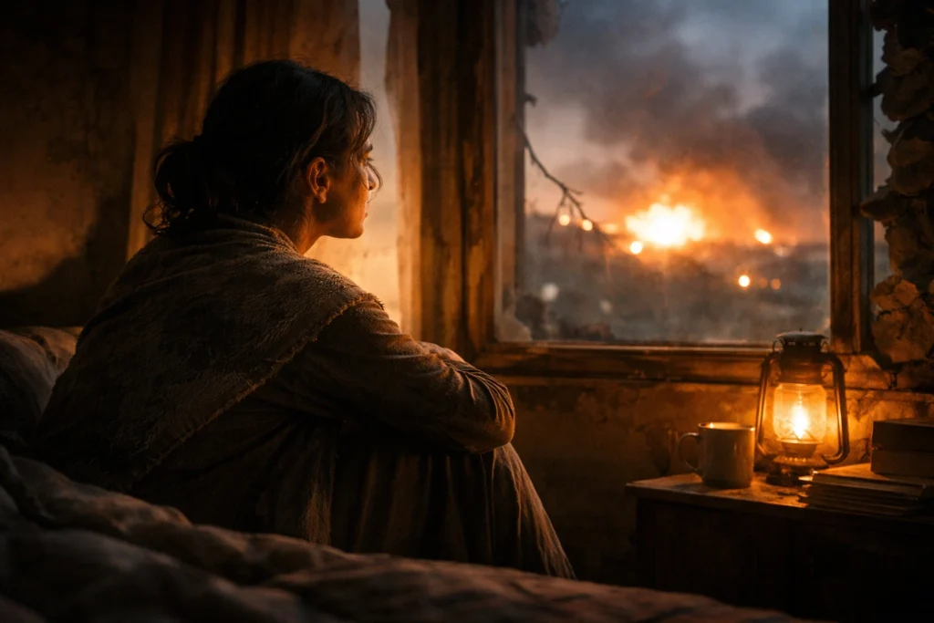 person sitting near window looking outside worried emotional war impact