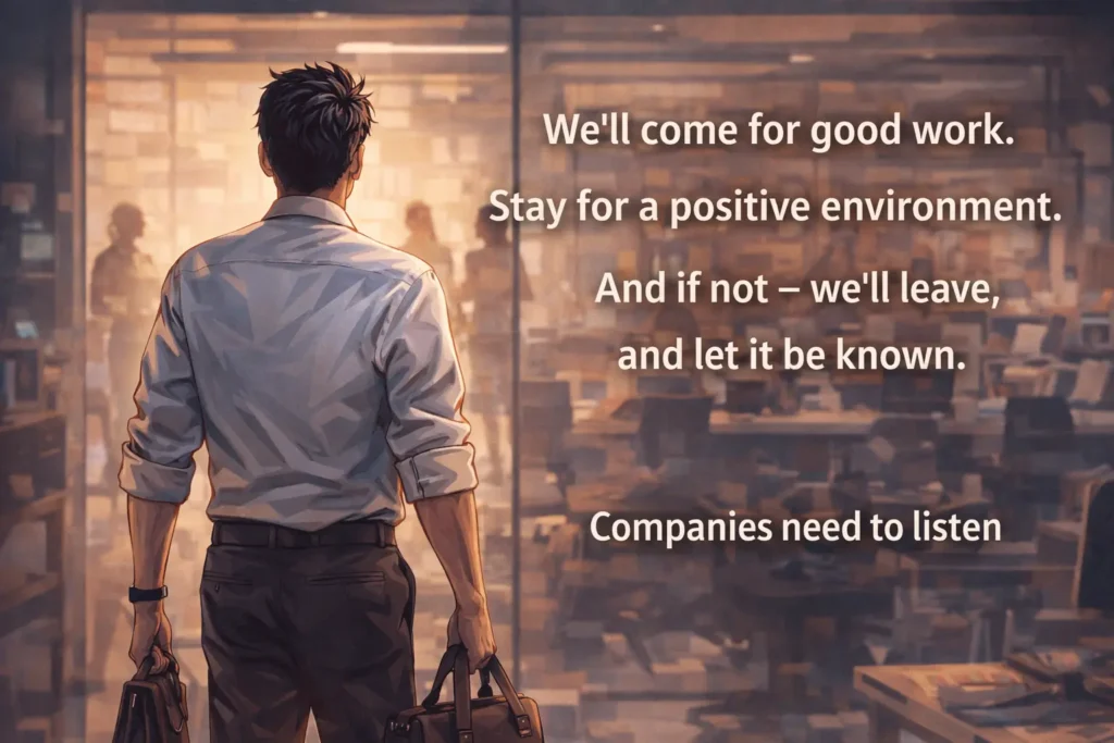 Employee walking away with message companies need to listen