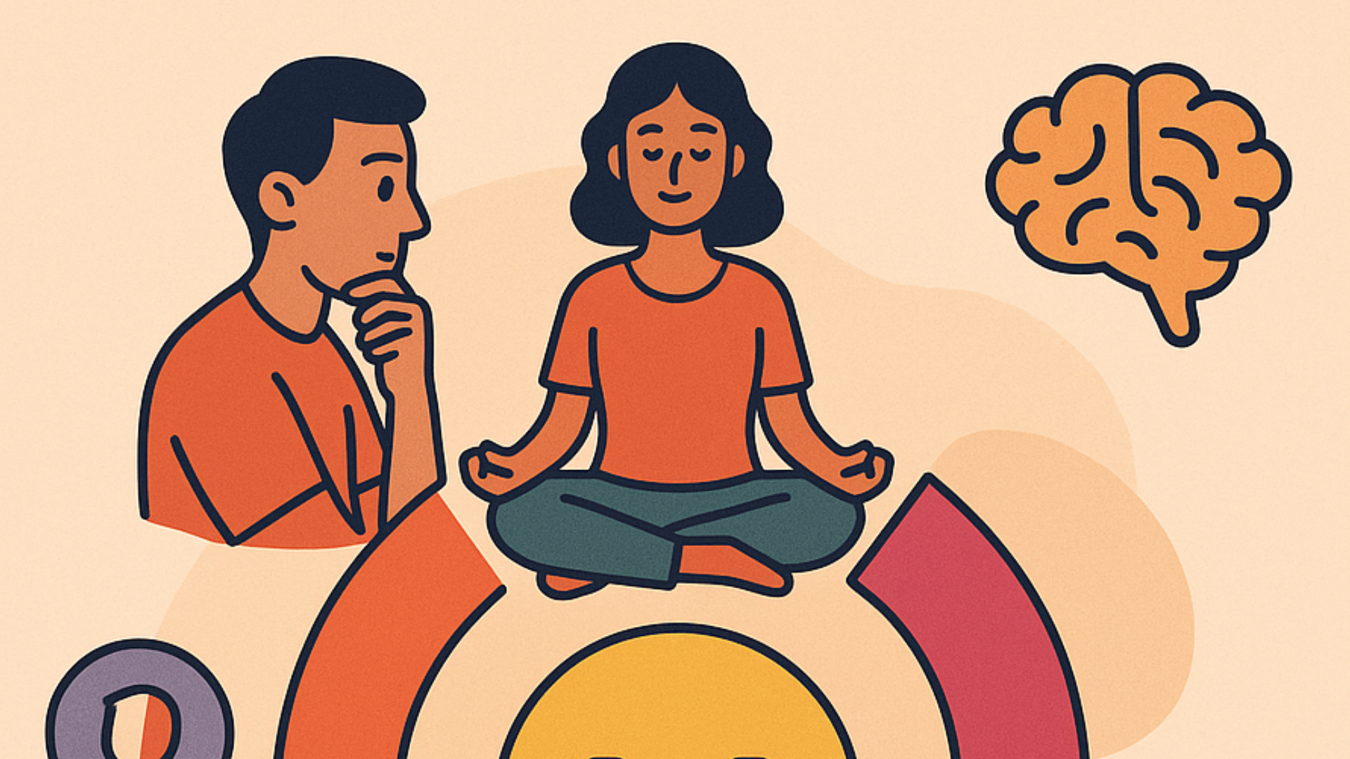 People practicing mindfulness, thinking, empathy, and emotional control in a workplace — illustrating emotional intelligence and behavior skills.