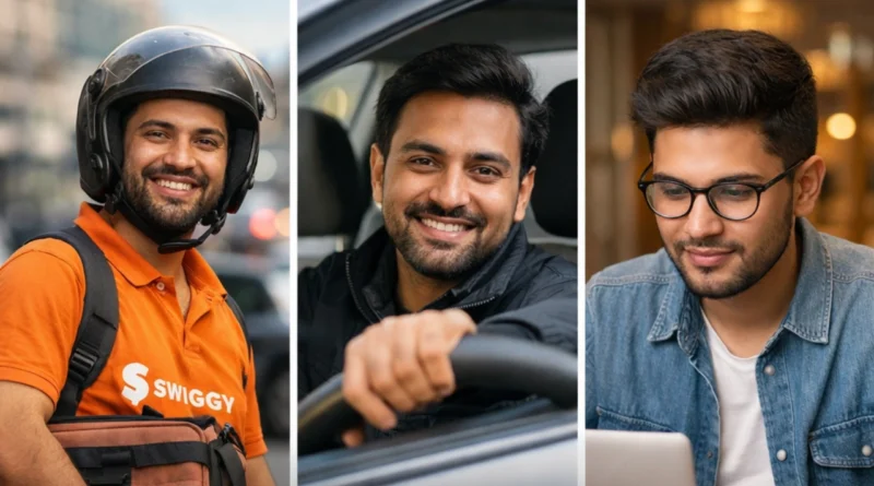 gig workers in India including delivery rider driver and freelancer with PF insurance pension benefits