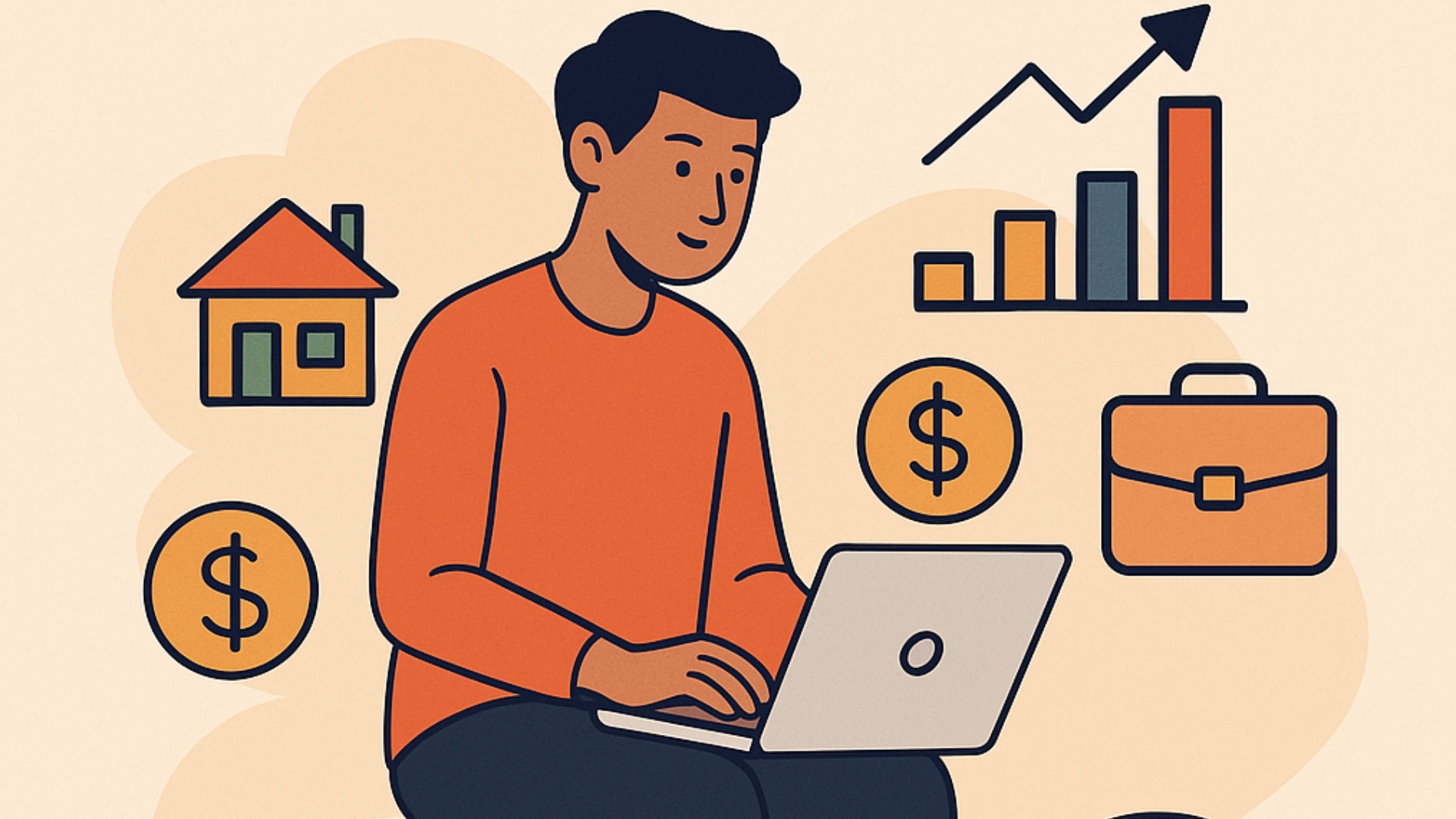 Young Indian professional using laptop while sitting on coins with icons of house, investment, business and savings around — representing multiple income sources.