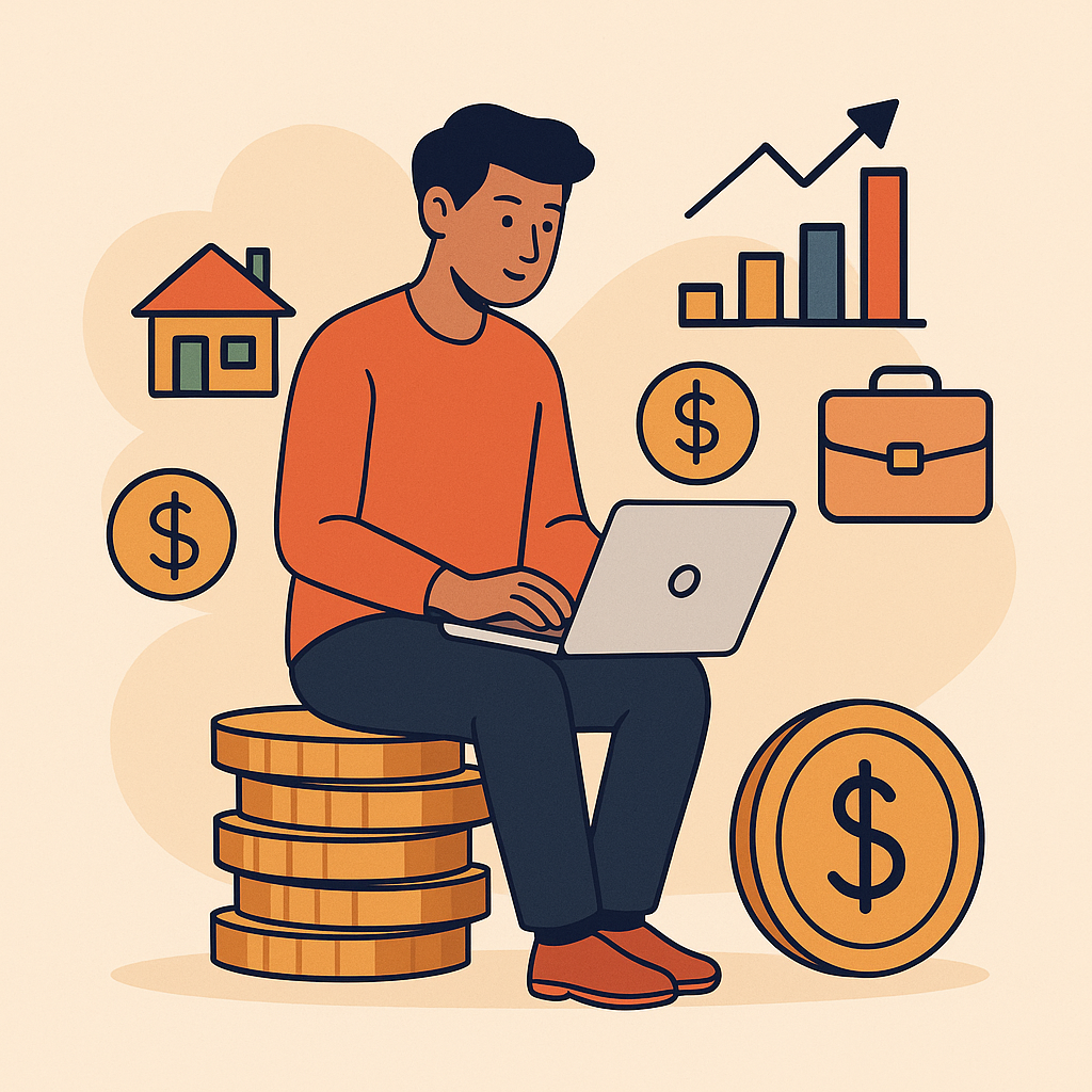 Young Indian professional using laptop while sitting on coins with icons of house, investment, business and savings around — representing multiple income sources.