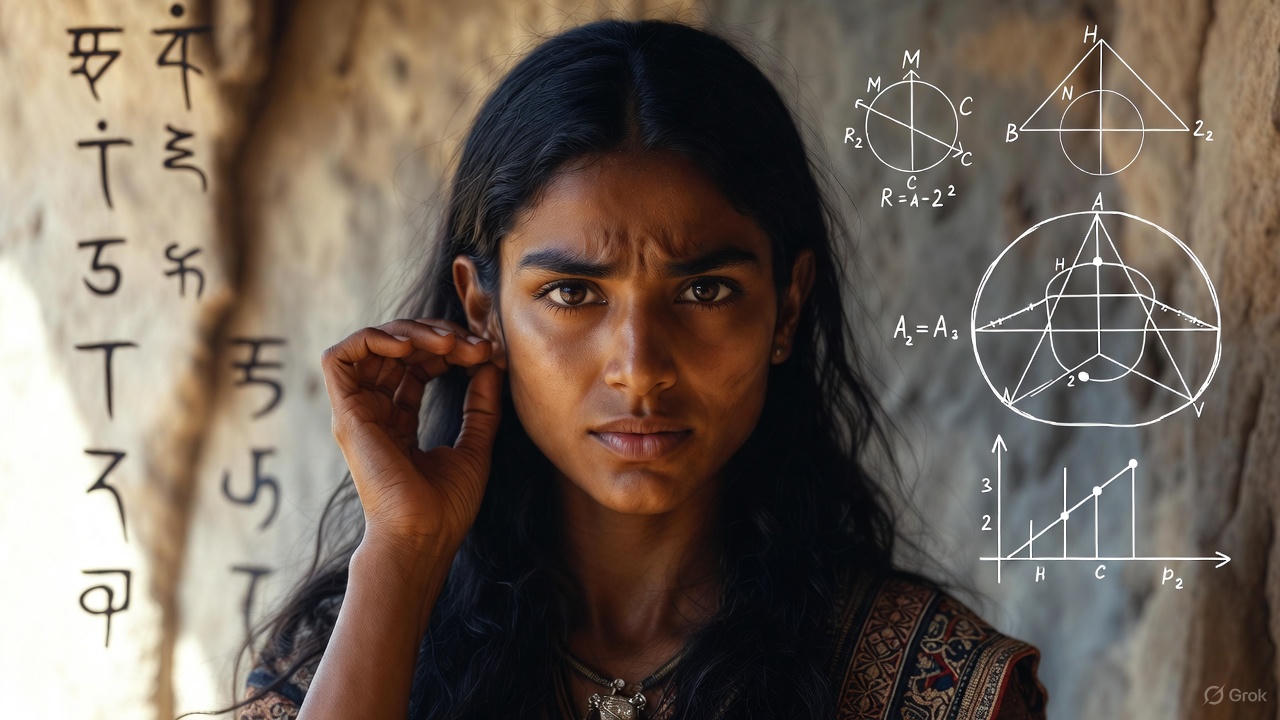 Child touching right ear in apology with ancient Sanskrit scriptures background