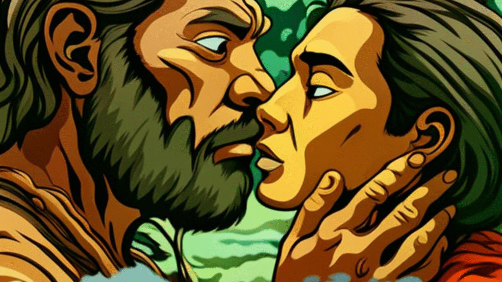 Neanderthal and modern human silhouettes kissing with DNA helix