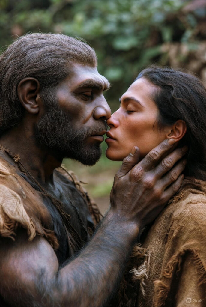 Neanderthal and modern human silhouettes kissing with DNA helix