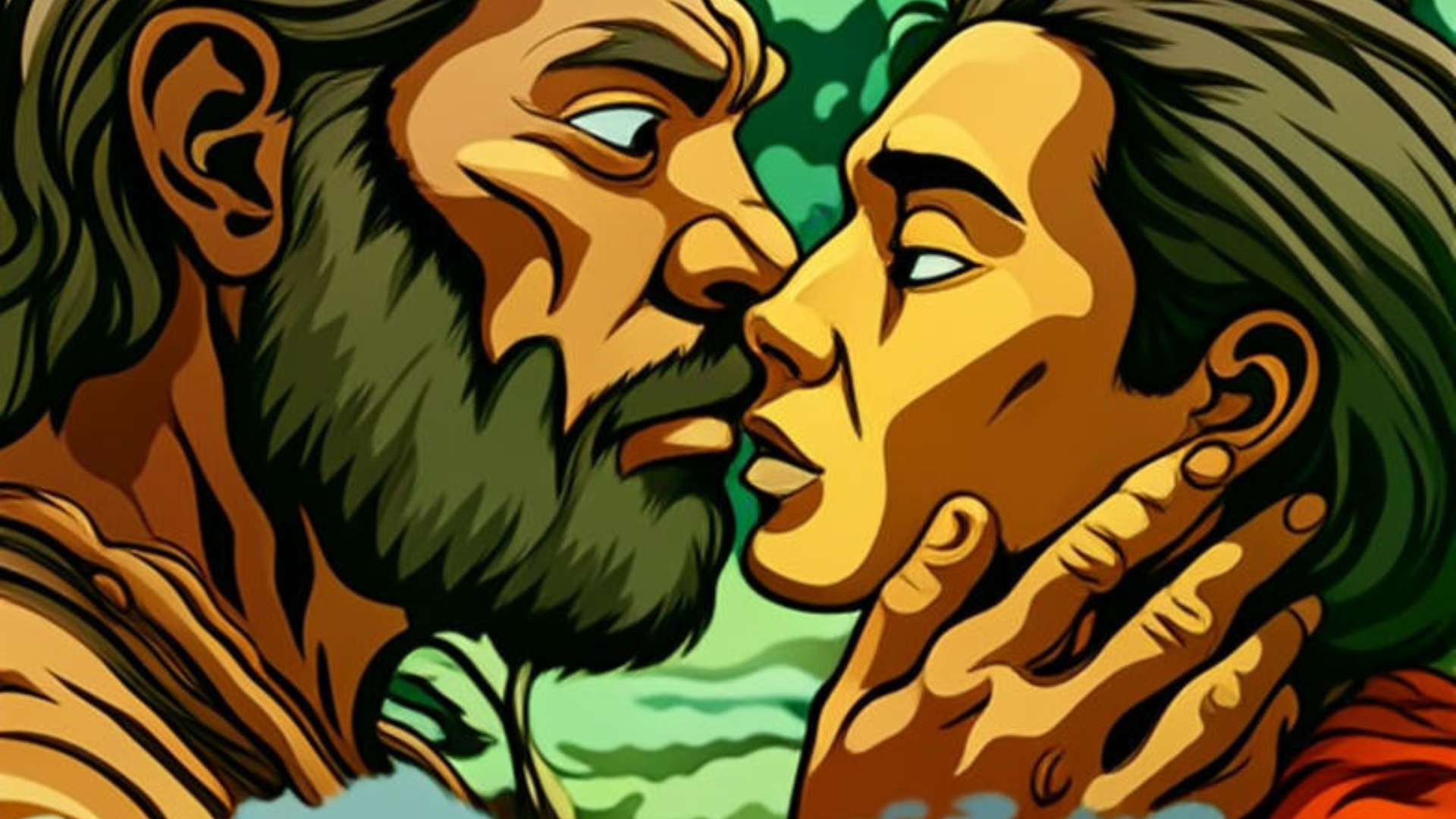 Neanderthal and modern human silhouettes kissing with DNA helix