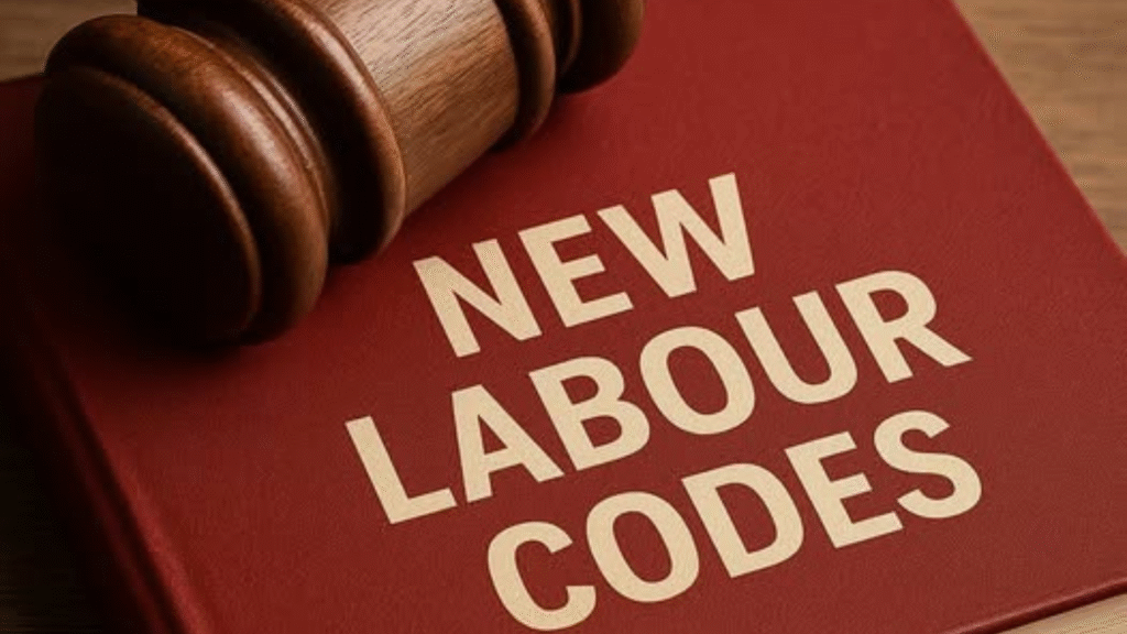 Delivery boy checking PF credit on phone with new labour code graphic