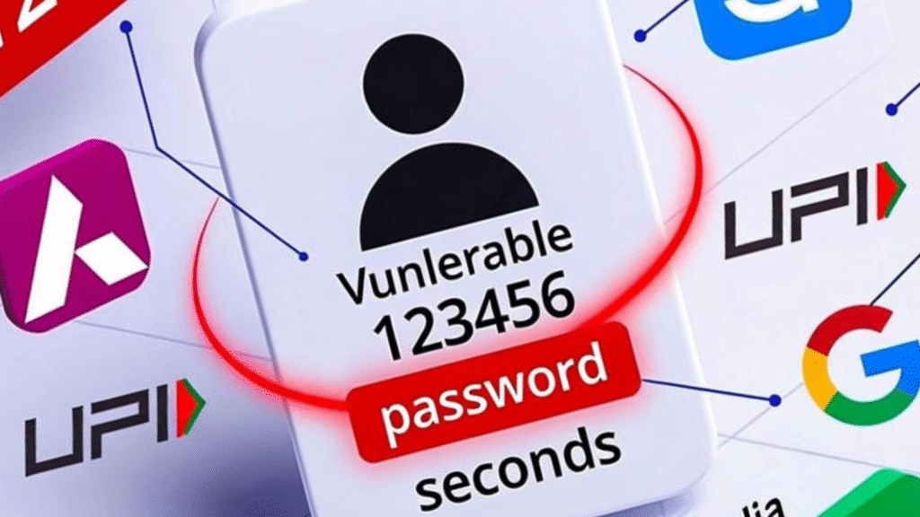 Hacker in dark hood with glowing weak passwords list – 123456, password, Kumar@123