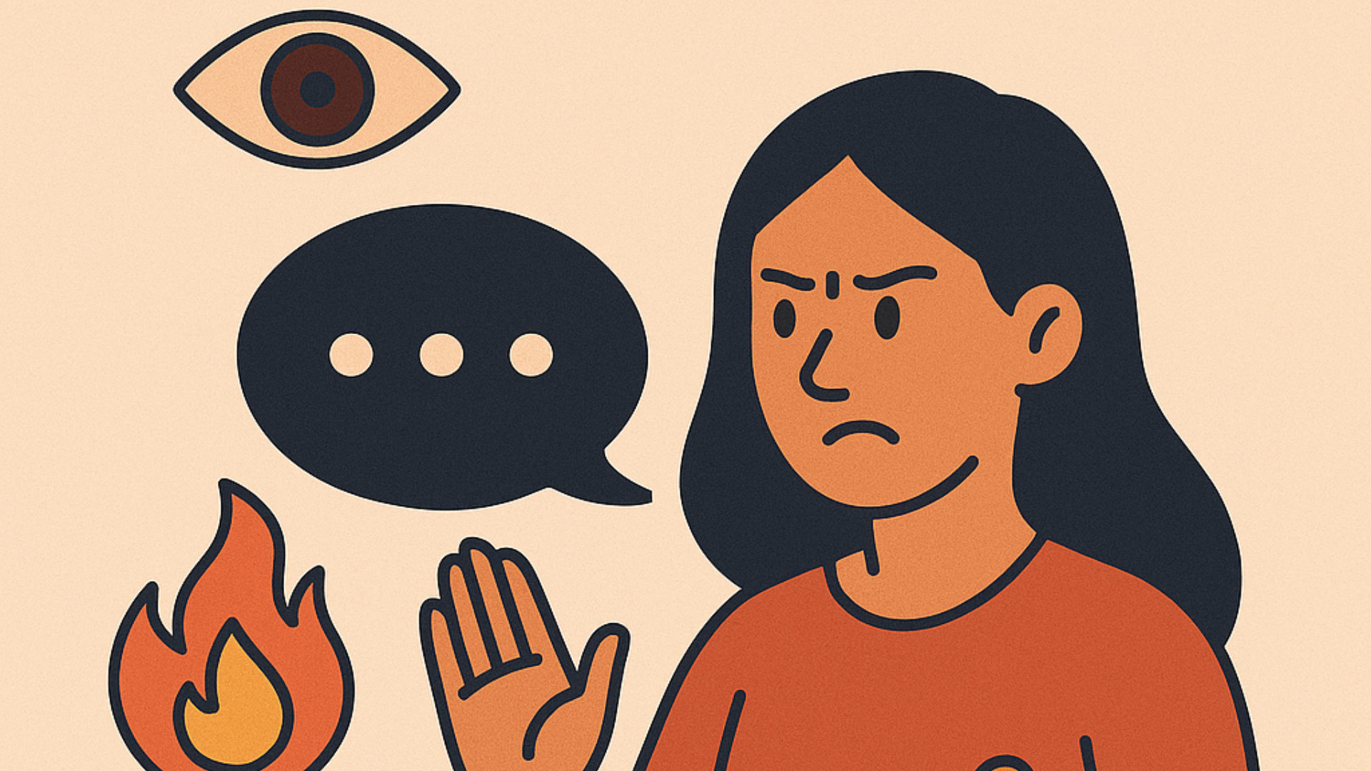 Confident young woman raising hand to stop rumors and gossip, surrounded by speech bubbles, megaphone and eye symbol showing awareness and self-respect.