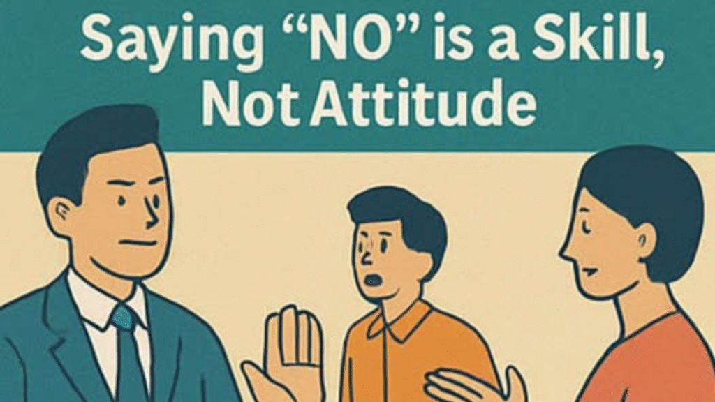 Professional confidently saying NO with calm smile – mastering the skill of healthy refusal