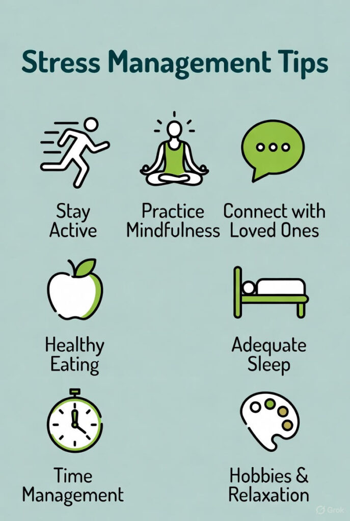 Stress manage करने वाली infographic with tips and graphs.