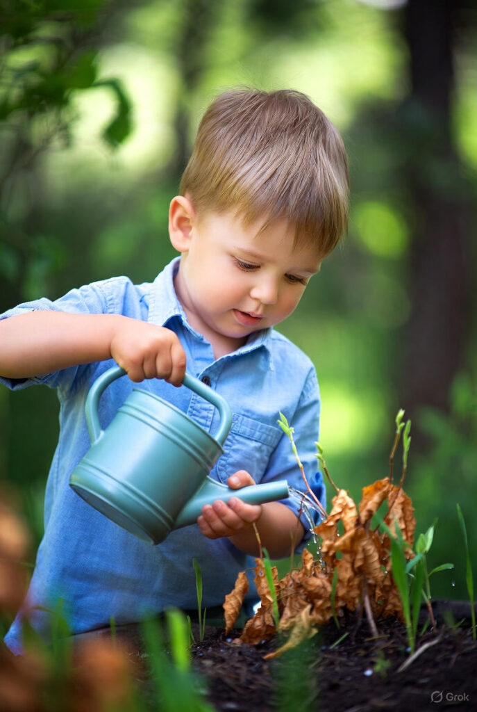 पानी देते बच्चे और दोबारा खिलते पौधे की प्रेरणादायक कला